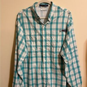Columbia Mens Large Super Tamiami PFG Long-Sleeve Fishing Shirt teal white plaid